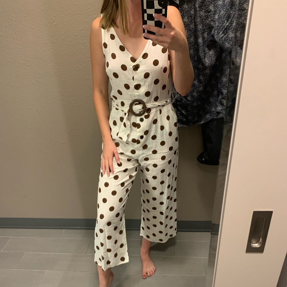 Brown and white polka dot jumpsuit